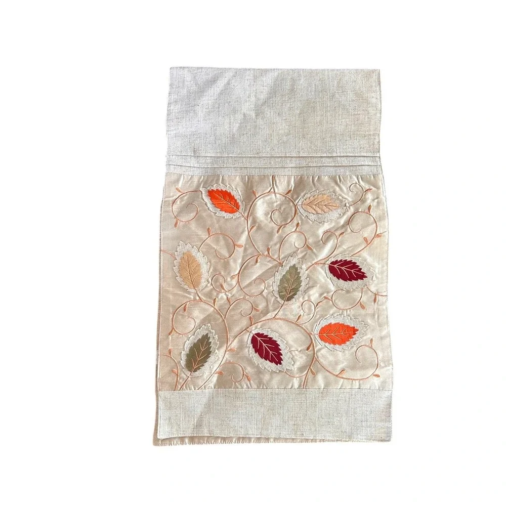 Gardeners Eden Fall Embroidered Leaf Table Runner Beige Orange Red Autumn Decor